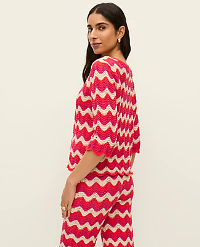 Ann Taylor Petite Striped Crochet Sweater Smoldering Red Women's