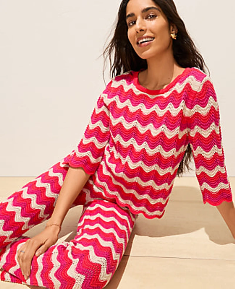 Ann Taylor Petite Striped Crochet Sweater Smoldering Red Women's