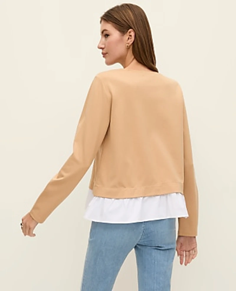 Ann Taylor Petite Weekend Ruffle Trim Knit Top Cafe Au Lait Women's