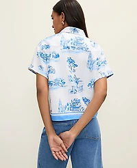 Ann Taylor Weekend Toile Shirt Linen Blend Wave Pool Women's