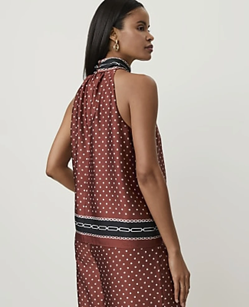 Ann Taylor Geo Print Sleeveless Tie Neck Blouse Amber Noir Women's