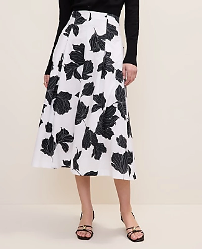Ann Taylor Petite Floral Pleated Midi Skirt White Women's