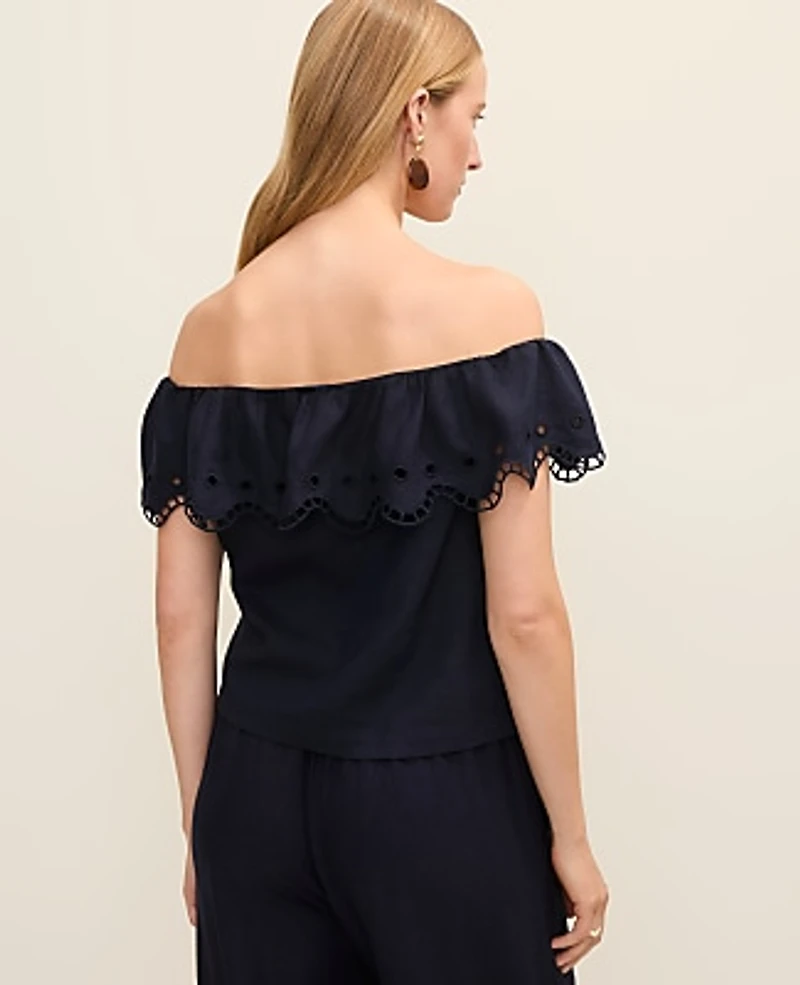 Ann Taylor Off-The-Shoulder Top Linen Blend Night Sky Women's
