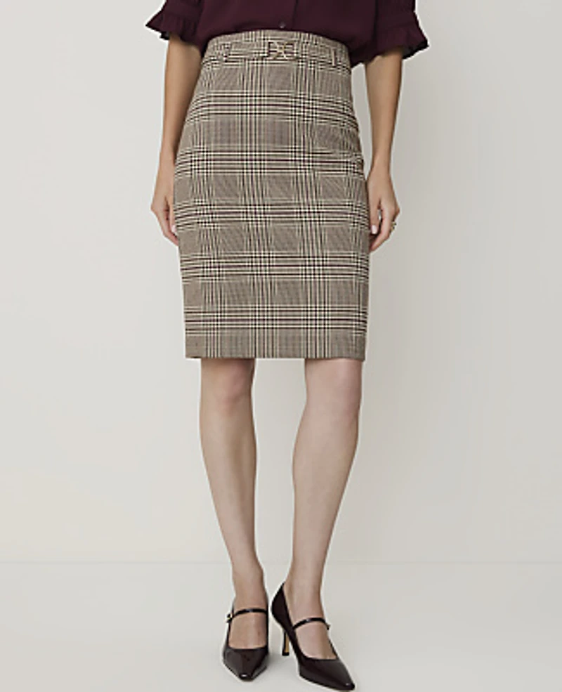 Ann Taylor Plaid Belted Midi Pencil Skirt French Mocha Women's
