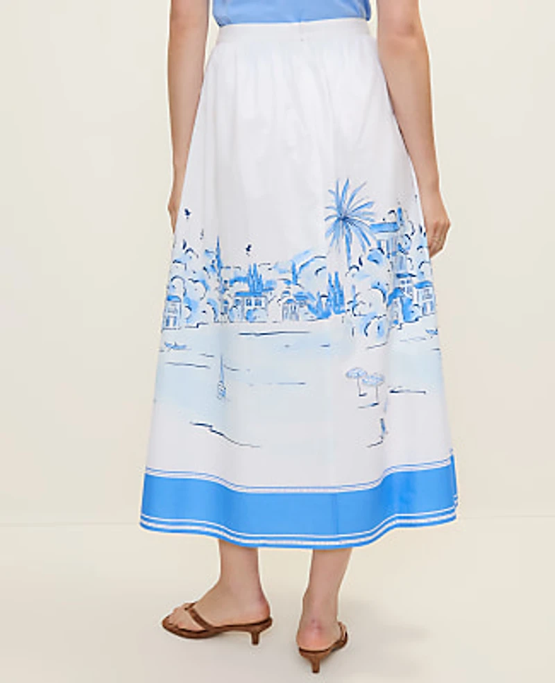 Ann Taylor Petite Weekend Printed Full Midi Skirt Wave Pool B Women's