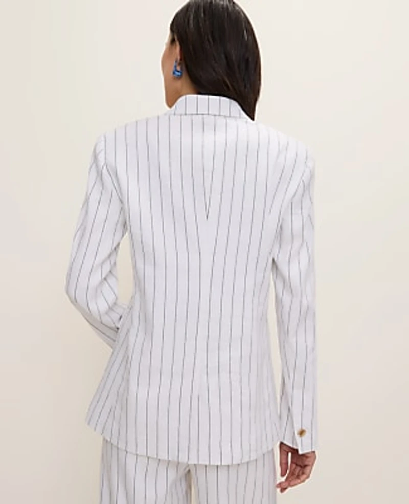 Ann Taylor The Petite Pinstripe Long One Button Blazer Linen Blend White Women's