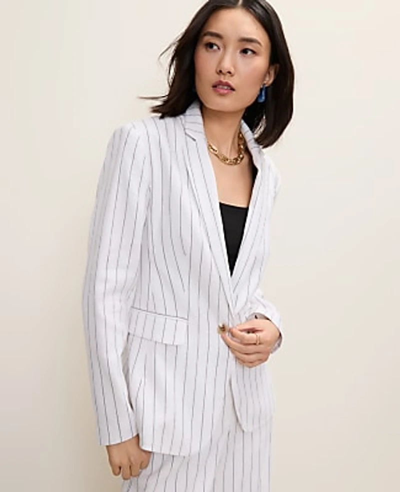 Ann Taylor The Petite Pinstripe Long One Button Blazer Linen Blend White Women's