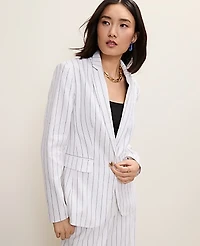 Ann Taylor The Petite Pinstripe Long One Button Blazer Linen Blend White Women's