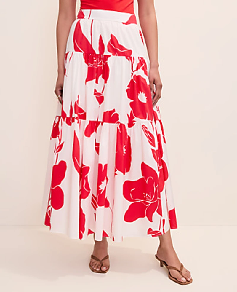 Ann Taylor Floral Tiered Full Skirt Bright Cherry Women's