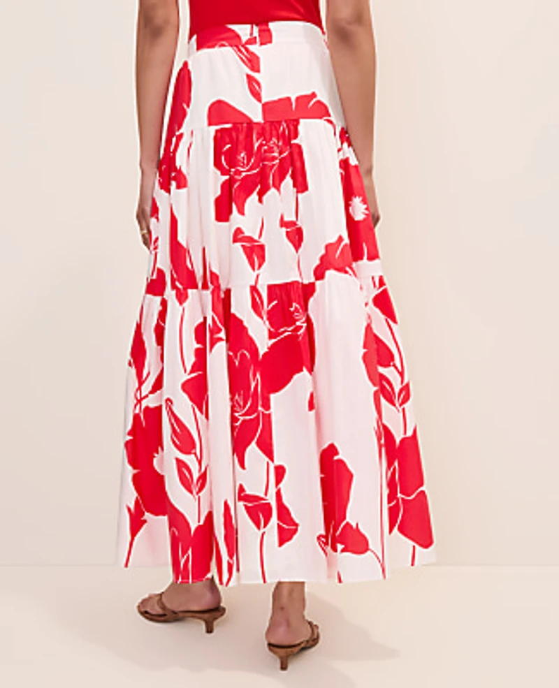 Ann Taylor Floral Tiered Full Skirt Bright Cherry Women's