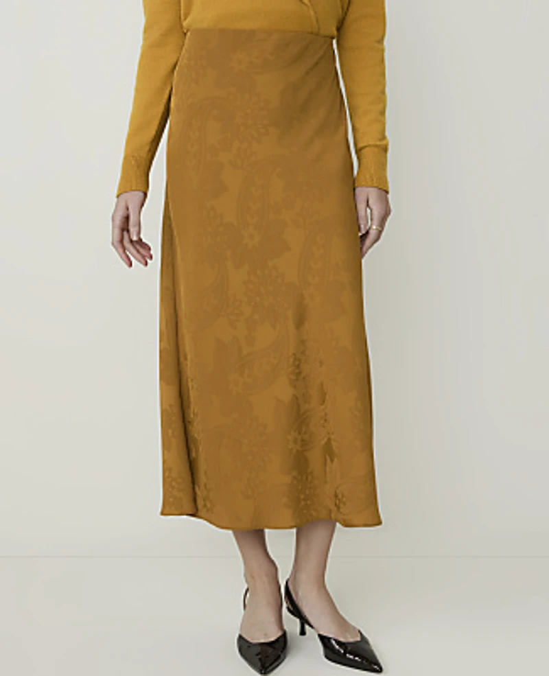 Ann Taylor Petite Paisley Jacquard Midi Slip Skirt Gilded Gold Women's