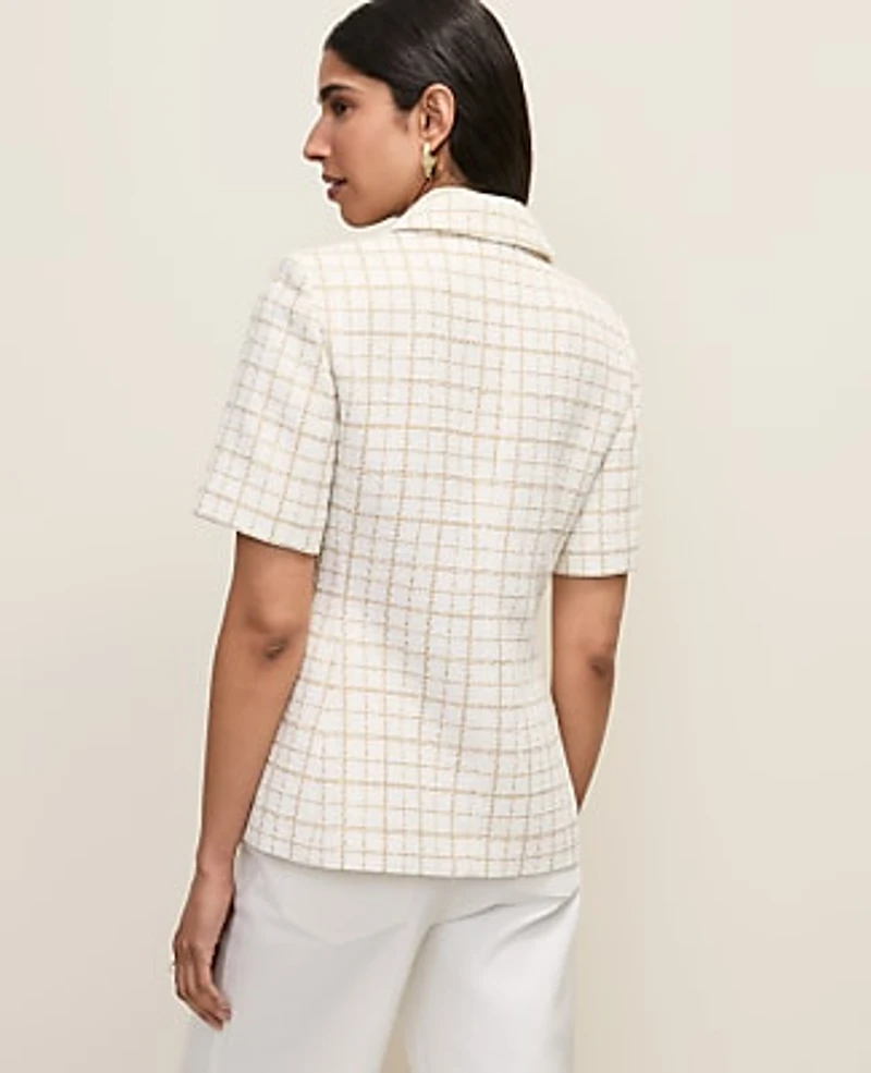 Ann Taylor The Petite Short Sleeve Cutaway Jacket Metallic Tweed Gold/White Women's