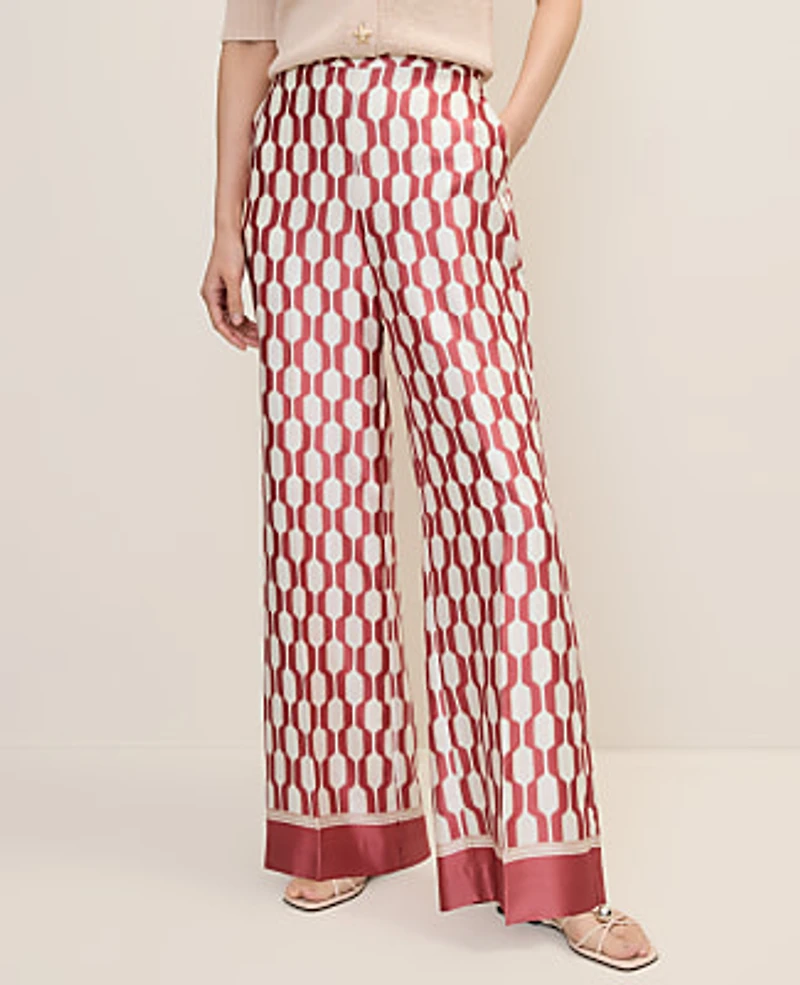 Ann Taylor The Petite Wide-Leg Pant Satin Geo Print Winter White Women's