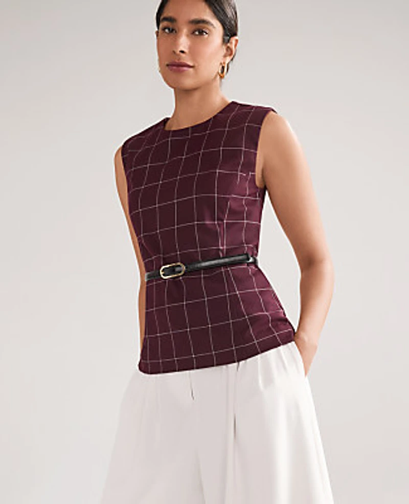 Ann Taylor The Windowpane Crew Neck Peplum Top Burgundy Women's