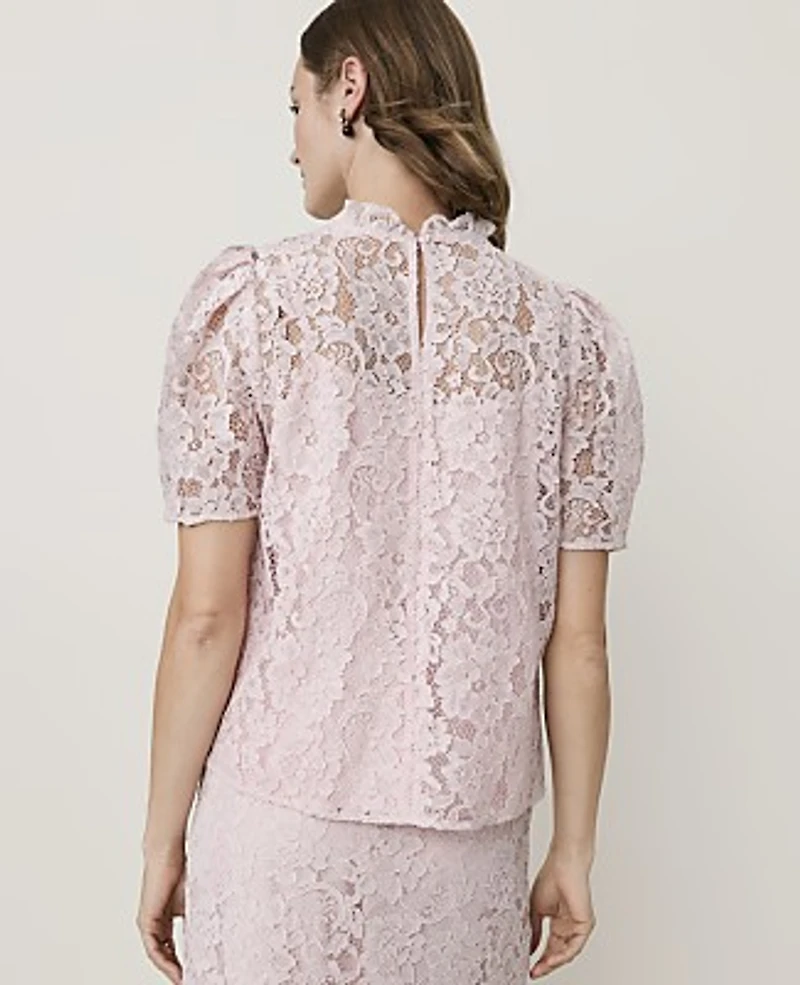 Ann Taylor Puff Sleeve Lace Top Mother Of Pearl Women's