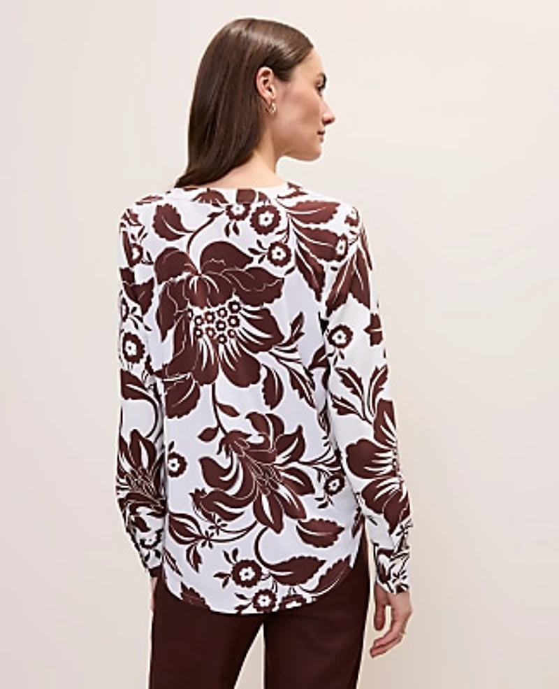 Ann Taylor Petite Floral Mixed Media Pleat Front Top Rich Walnut Women's