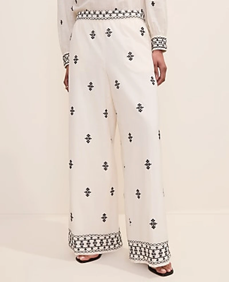 Ann Taylor The Petite Embroidered Easy Palazzo Pant Winter White Women's