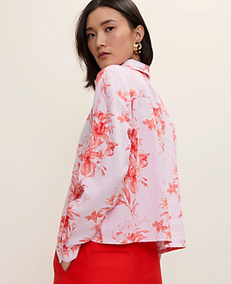 Ann Taylor Floral Linen Button Down Shirt Aperol Women's