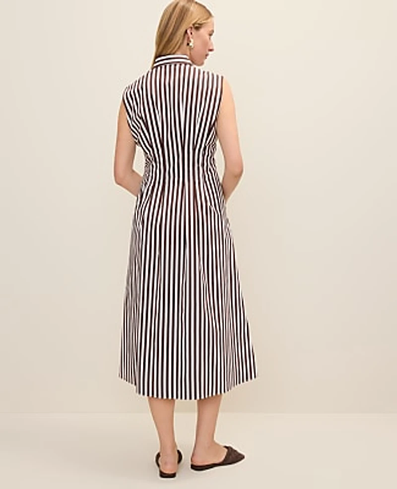 Ann Taylor Weekend Striped Pleated Midi Shirtdress Rich Walnut Women's