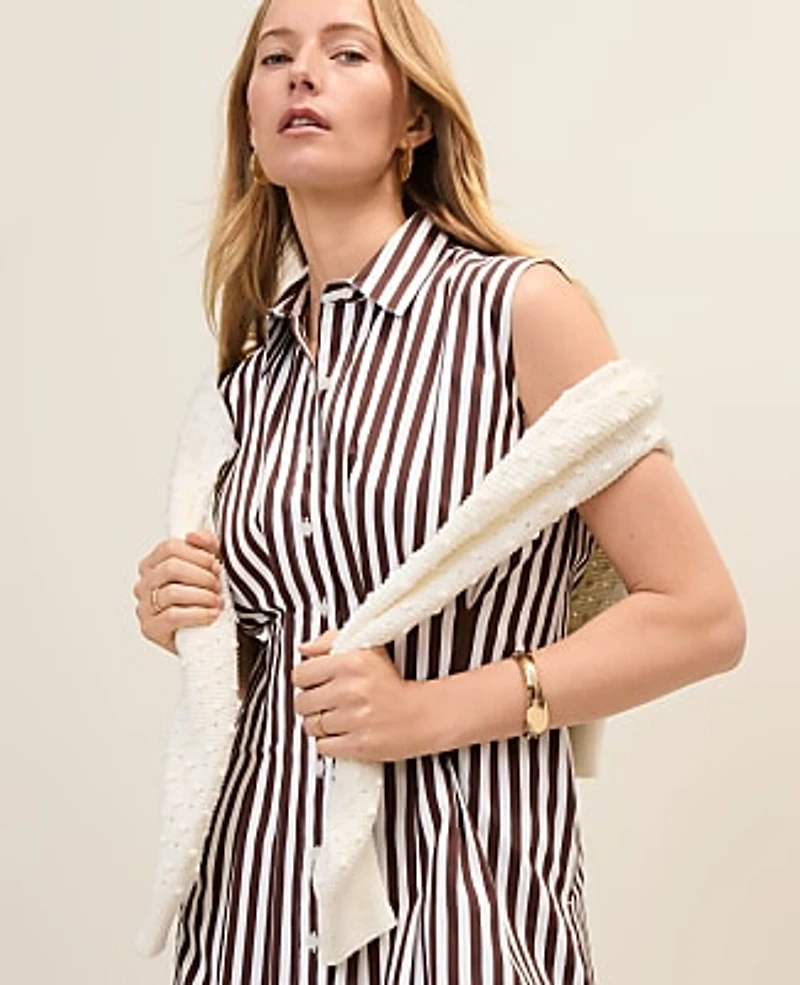 Ann Taylor Weekend Striped Pleated Midi Shirtdress Rich Walnut Women's