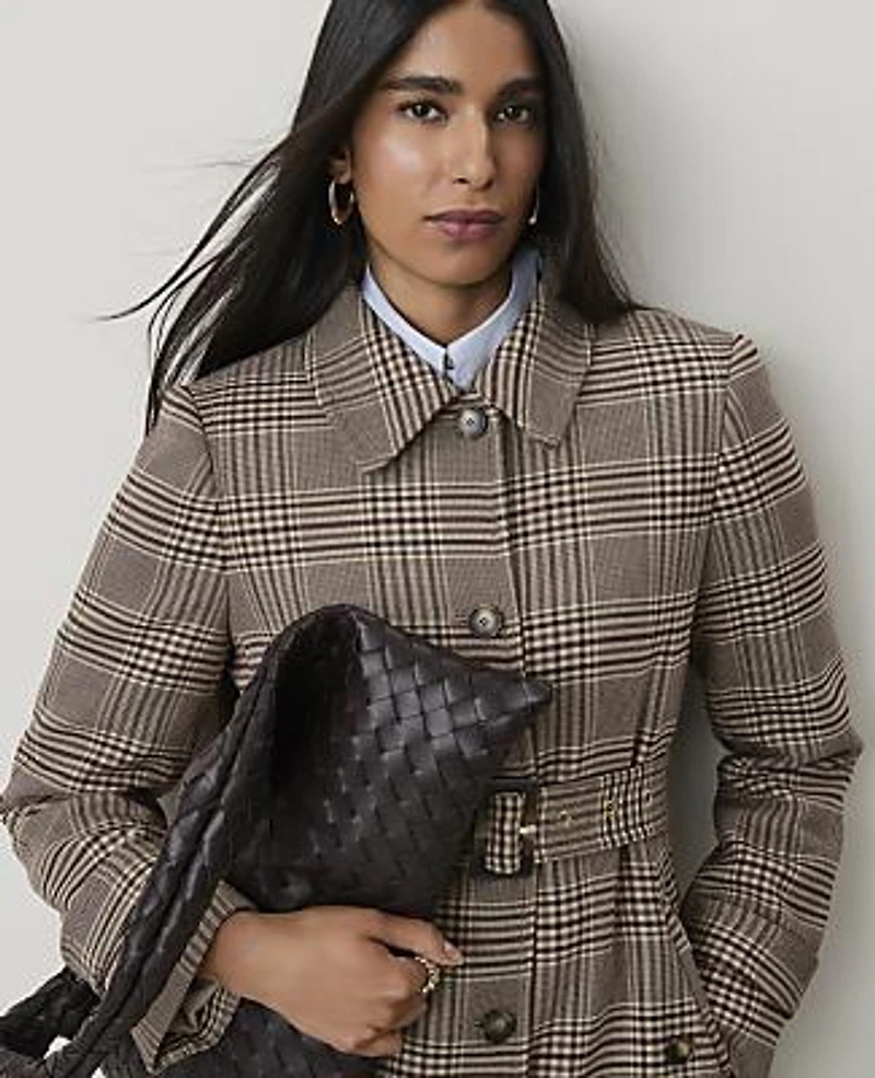 Ann Taylor Petite Plaid Belted Coat French Mocha Women's