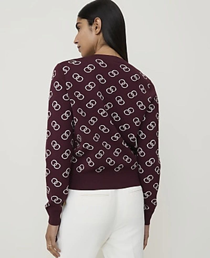 Ann Taylor Petite Geo Print Crew Neck Cardigan Purest Plum Women's