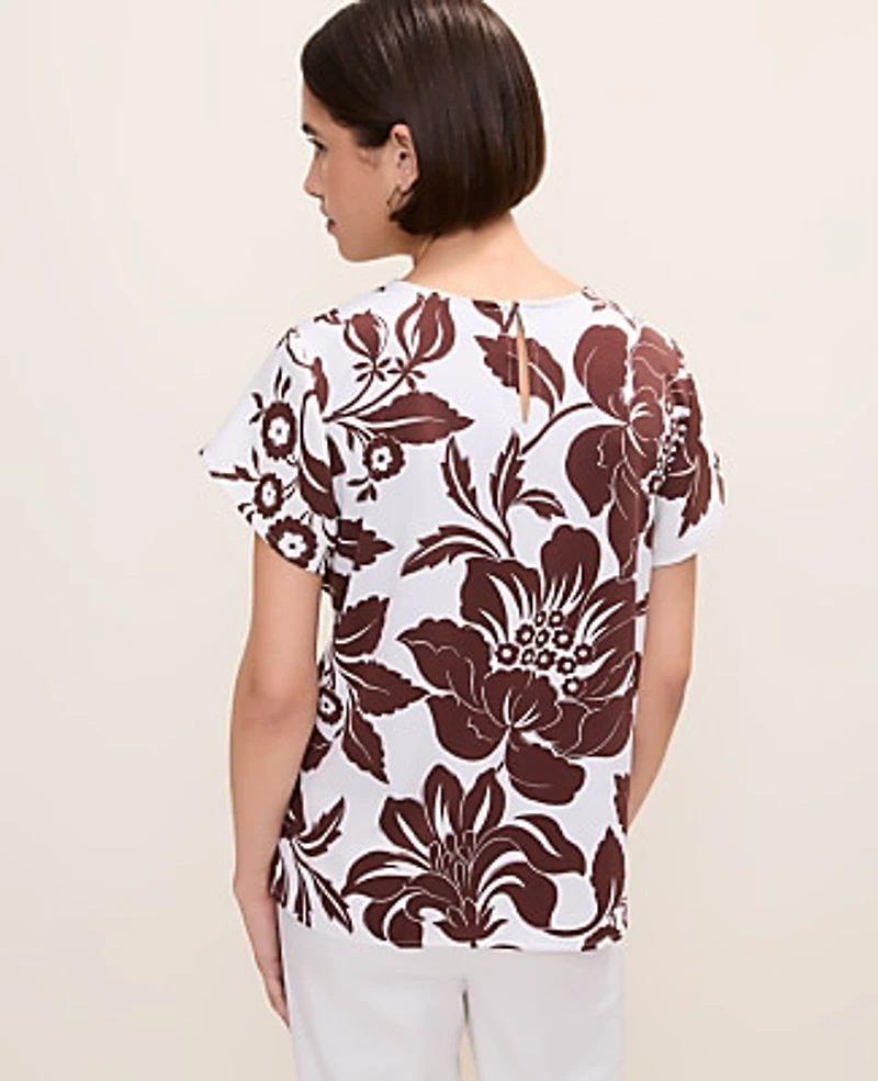 Ann Taylor Petite Floral Mixed Media Crew Neck T-Shirt Rich Walnut Women's