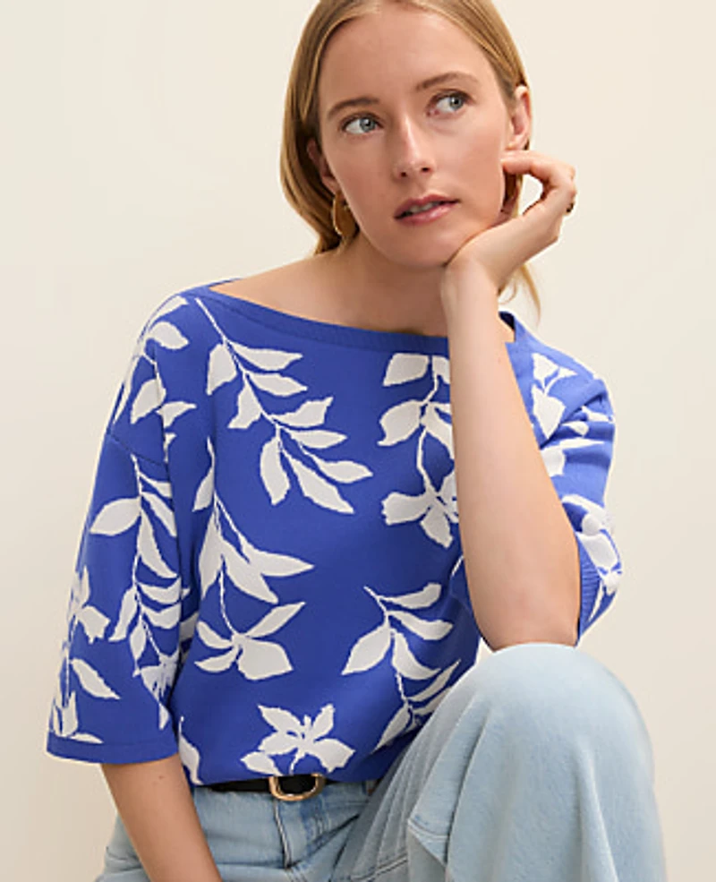 Ann Taylor Floral Jacquard Boatneck Sweater Dream Blue Women's