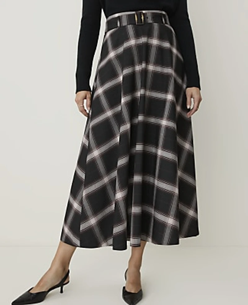 Ann Taylor Plaid Belted Full Midi Skirt French Mocha Women's