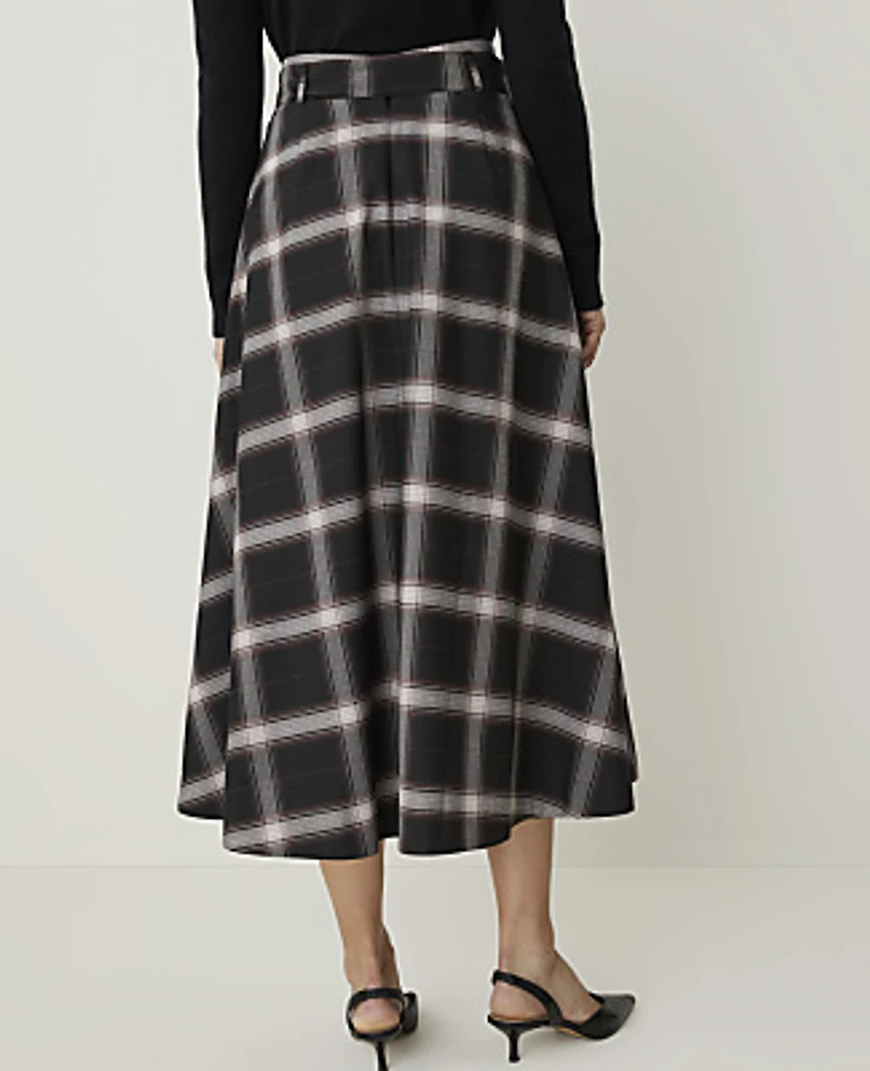 Ann Taylor Plaid Belted Full Midi Skirt French Mocha Women's