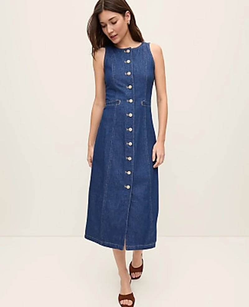 Ann Taylor Denim Flare Midi Dress Luxe Medium Wash Women's