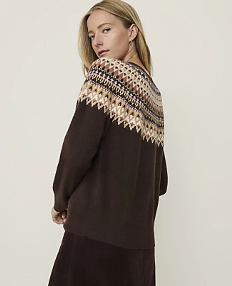 Ann Taylor Weekend Fair Isle Henley Sweater French Mocha Women's