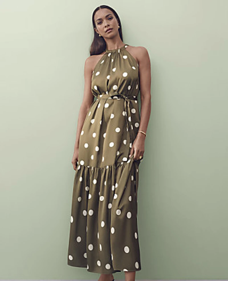 Ann Taylor Petite Polka Dot Tiered Maxi Dress Moss Green Women's