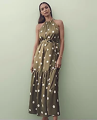 Ann Taylor Petite Polka Dot Tiered Maxi Dress Moss Green Women's