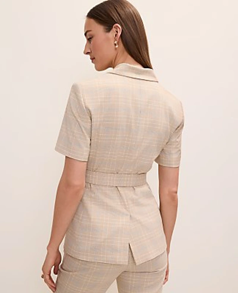 Ann Taylor The Petite Belted Greenwich Blazer Plaid Mixed Level Neutral Women's