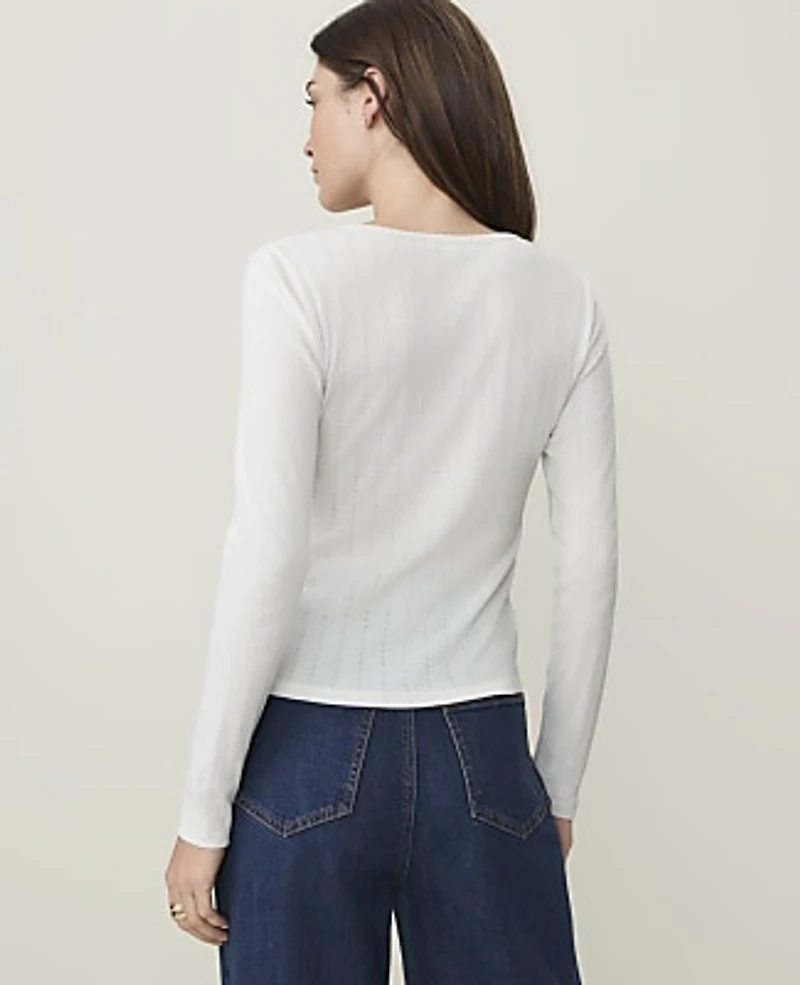 Ann Taylor Petite Weekend Pointelle Henley Top Winter White Women's
