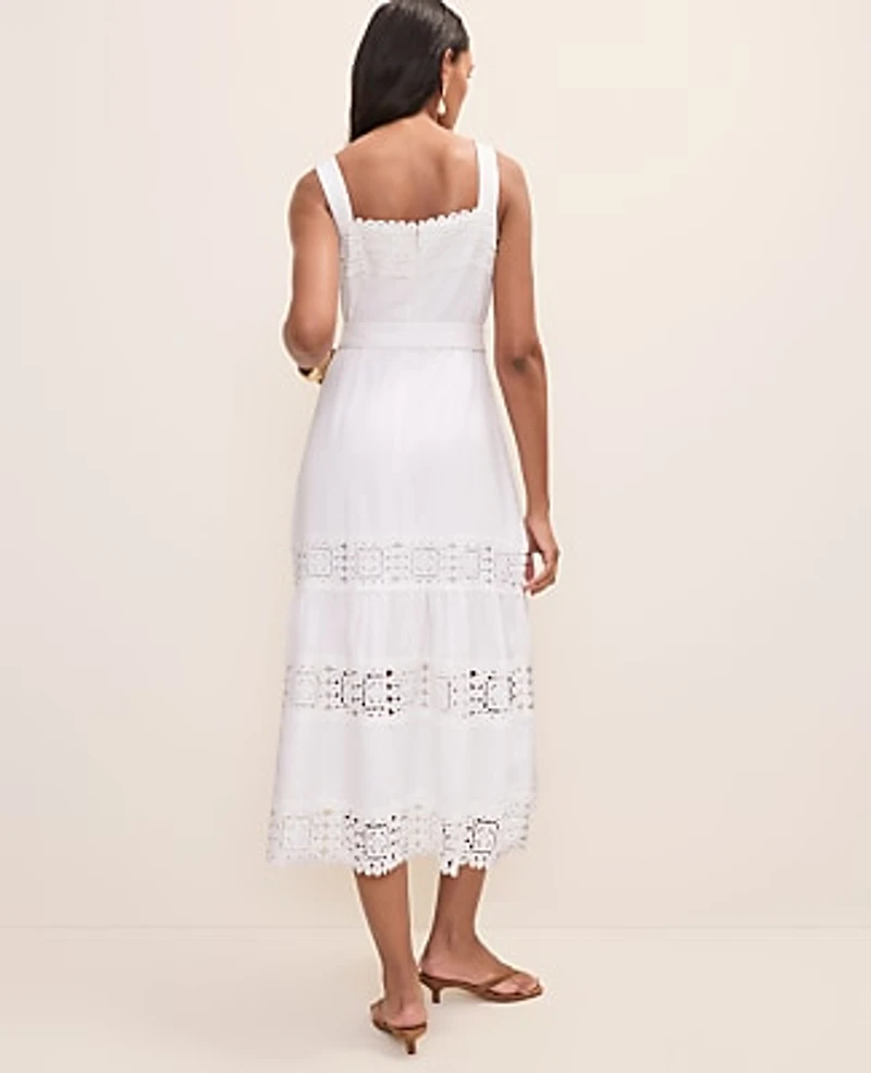 Ann Taylor Petite Embroidered Midi Dress Linen Blend White Women's