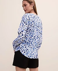 Ann Taylor Petite Paisley Mixed Media Pleat Front Top Winter White - Pure Ink Women's