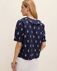 Ann Taylor Weekend Geo Ruffle Trim Blouse Winter Blue Women's