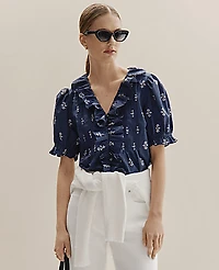 Ann Taylor Weekend Geo Ruffle Trim Blouse Winter Blue Women's