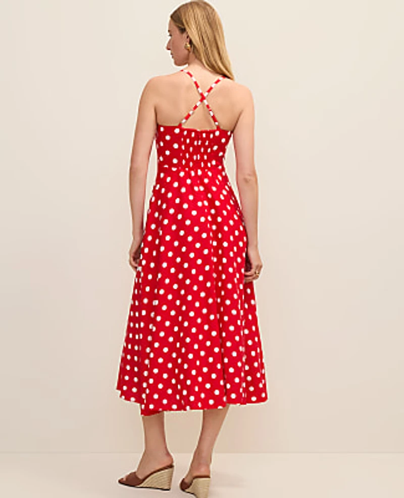 Ann Taylor Petite Polka Dot Midi Dress in Linen Blend Size 8 Bright Cherry Women's