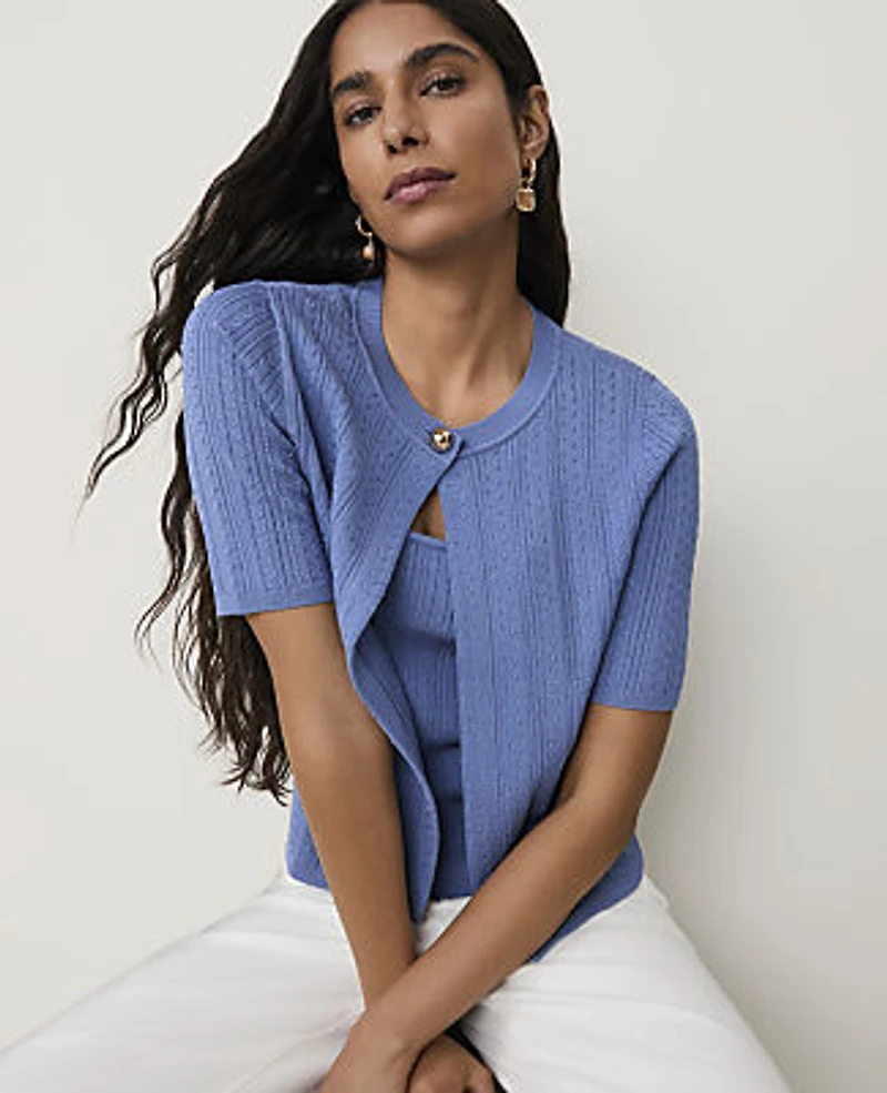 Ann Taylor Mixed Stitch Short Sleeve Cardigan Women's