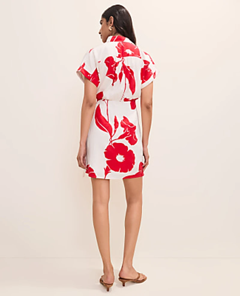Ann Taylor Petite Floral Collared Shift Dress Linen Blend Bright Cherry Women's