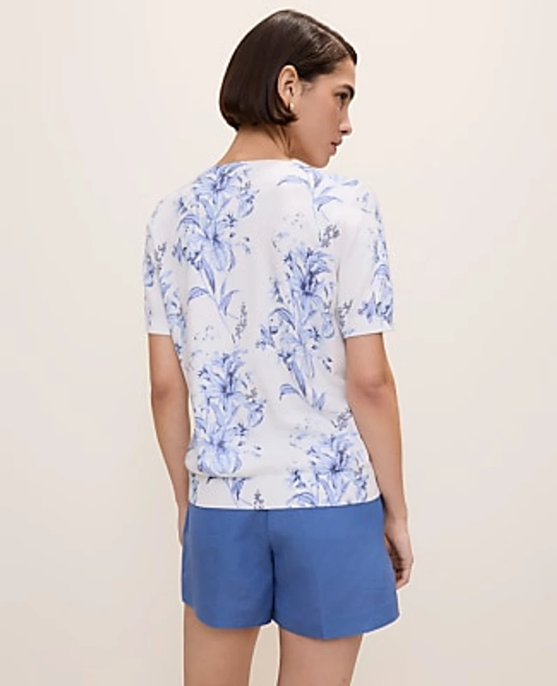 Ann Taylor Petite Floral Sweater T-Shirt White-Blue B Women's