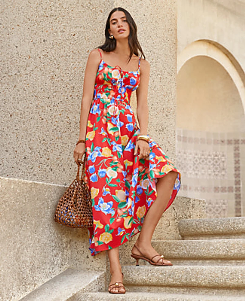 Ann Taylor Petite Floral Gathered Maxi Dress Bright Cherry Women's