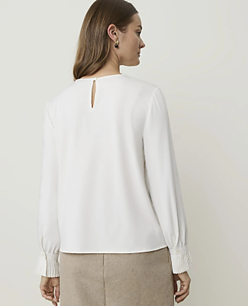 Ann Taylor Petite Mixed Media Pleat Cuff Top Winter White Women's