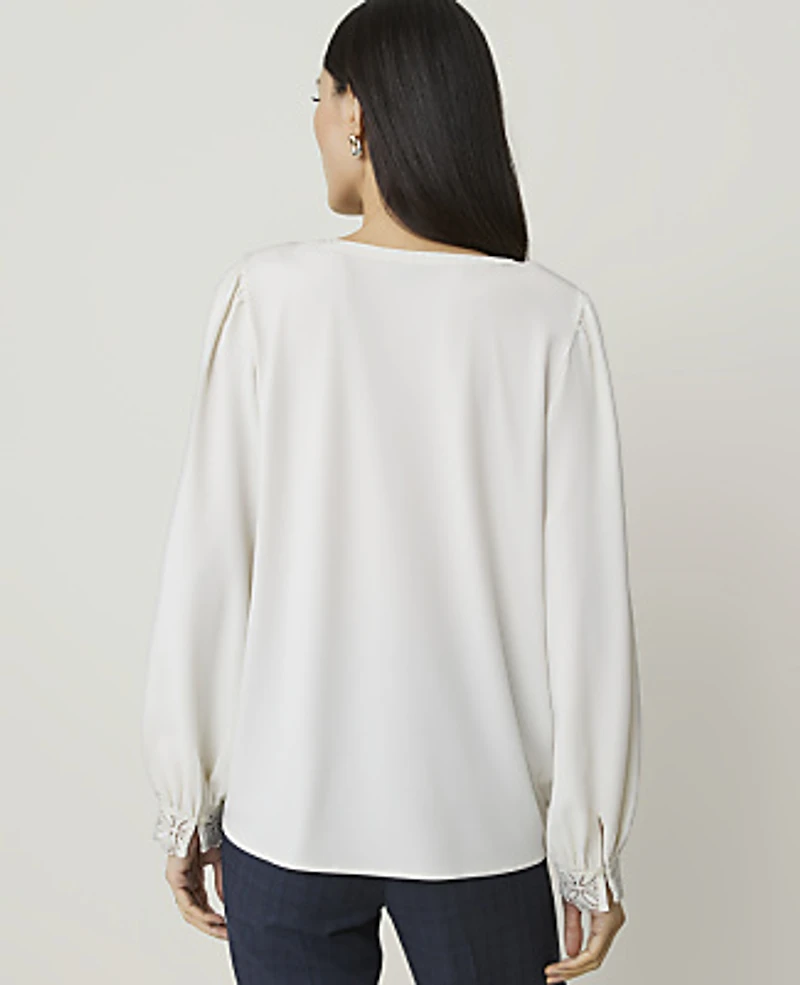 Ann Taylor Lace Trim Mixed Media Top Winter White Women's