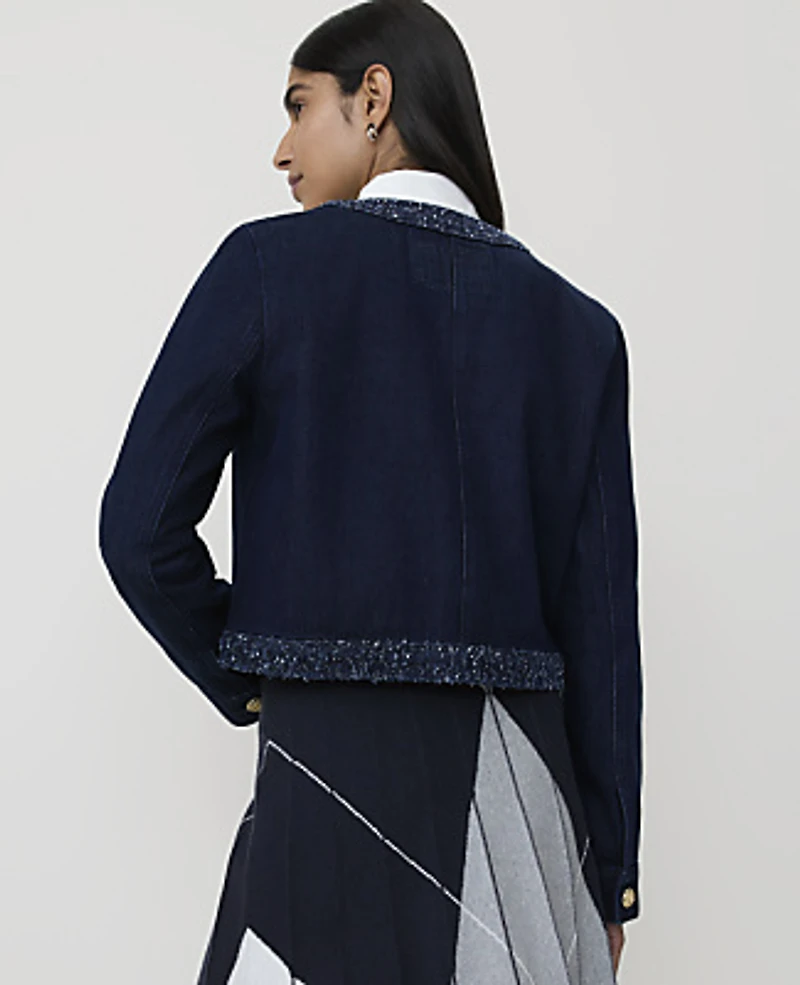 Ann Taylor Bouclé Trimmed Denim Jacket Bright Indigo Wash Women's