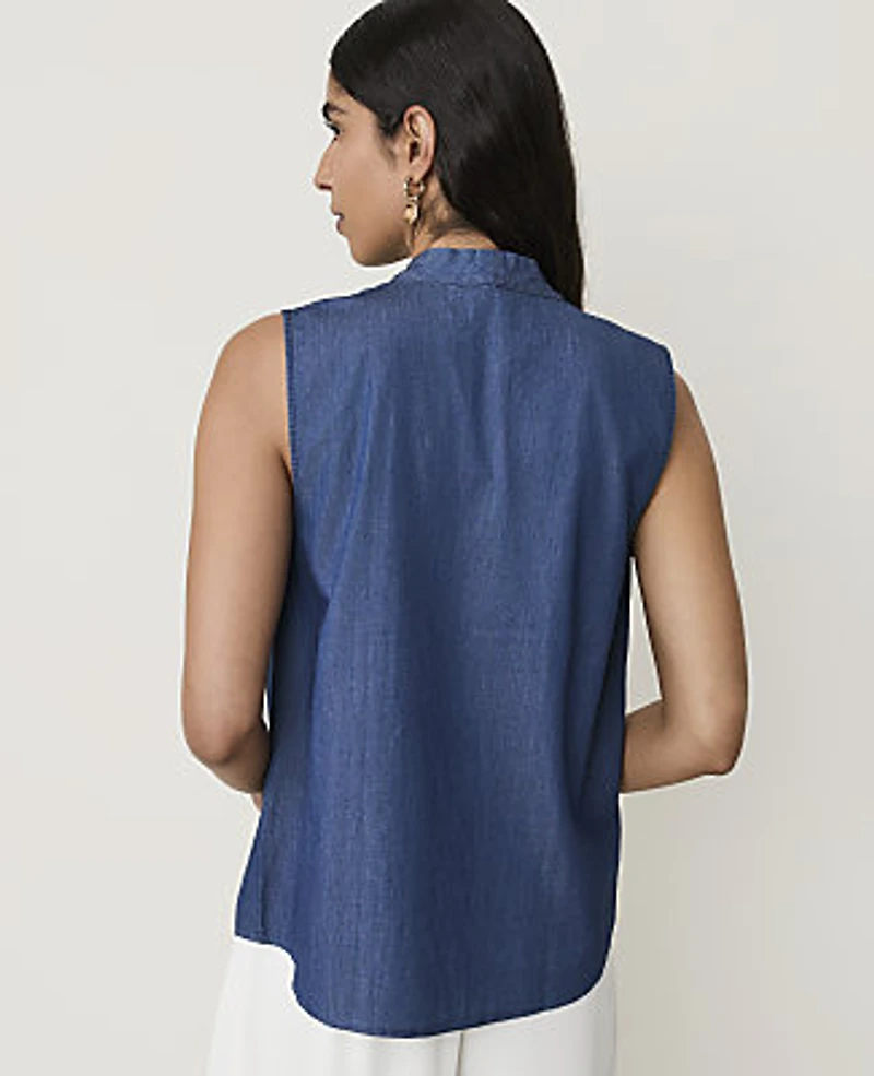 Ann Taylor Sleeveless Bow Neck Blouse Chambray Women's