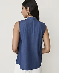 Ann Taylor Sleeveless Bow Neck Blouse Chambray Women's